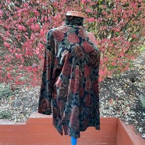 Vintage 90's Crushed Velvet Rose Print Mock Neck Tunic Top Large